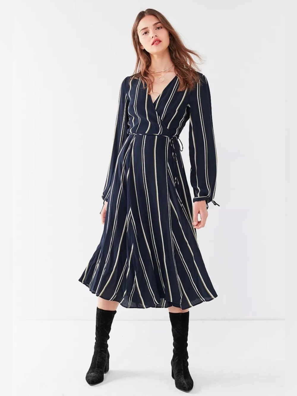 Urban Outfitters Audrey Wrap Dress XL Navy Stripe Midi Cottagecore